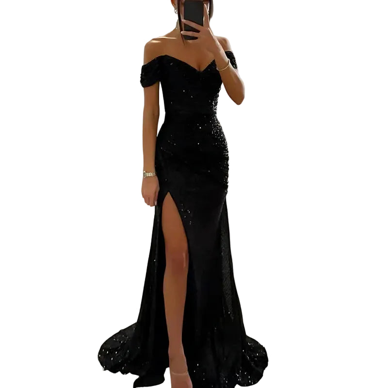 Abendkleid für Damen mit schulterfreiem Ausschnitt und Paillettenverzierungen-Midi Dress-Alpenkind