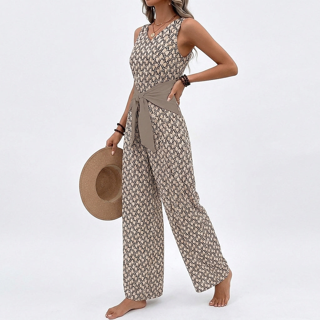 Ärmelloser Damen-Jumpsuit mit V-Ausschnitt, weitem Bein und Bindegürtel-Jumpsuits for women-Alpenkind