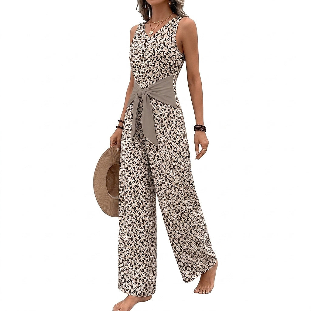 Ärmelloser Damen-Jumpsuit mit V-Ausschnitt, weitem Bein und Bindegürtel-Jumpsuits for women-Alpenkind