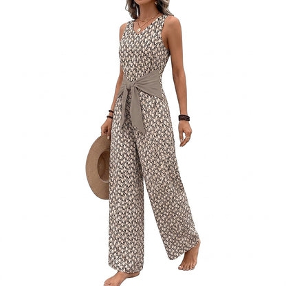 Ärmelloser Damen-Jumpsuit mit V-Ausschnitt, weitem Bein und Bindegürtel-Jumpsuits for women-Alpenkind