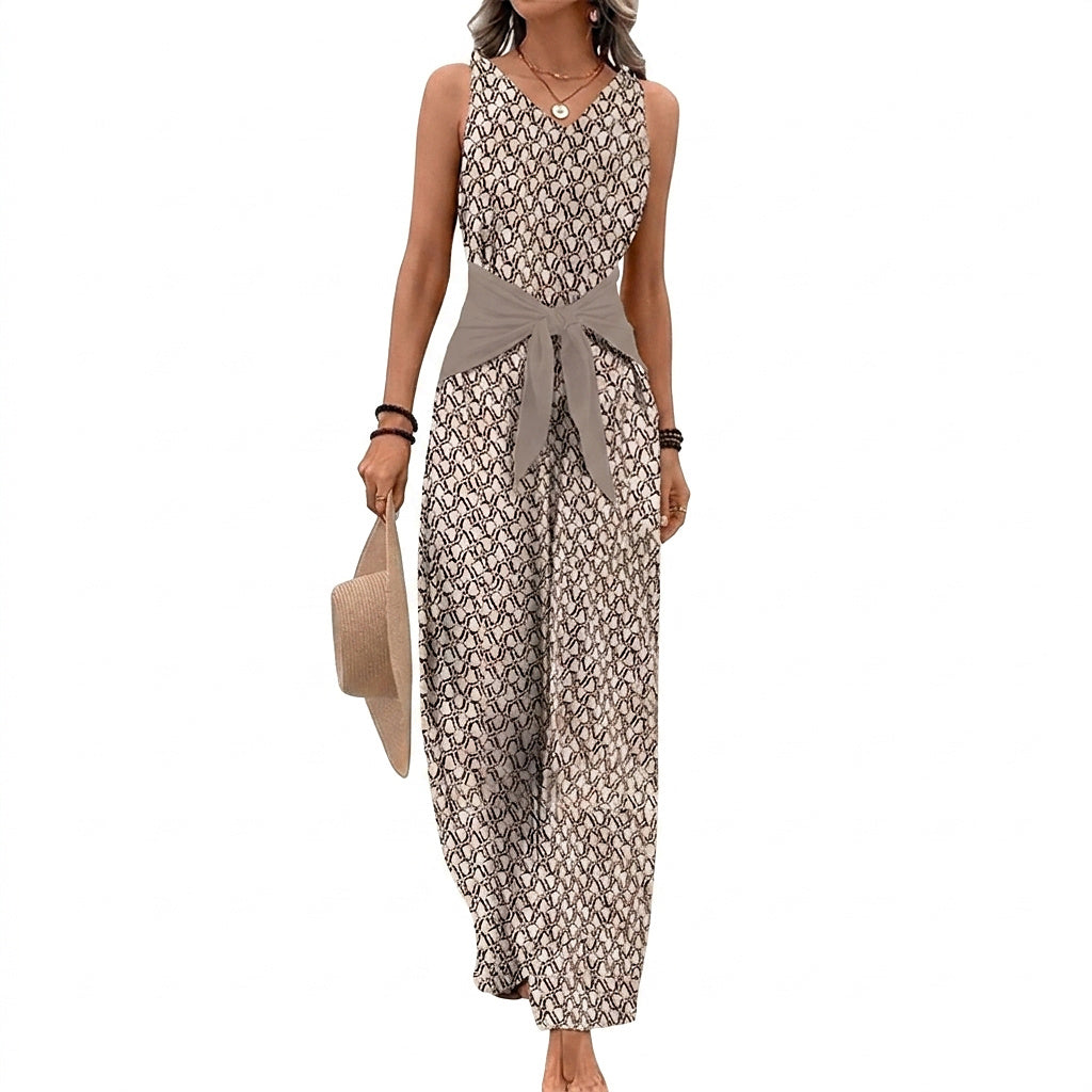 Ärmelloser Damen-Jumpsuit mit V-Ausschnitt, weitem Bein und Bindegürtel-Jumpsuits for women-Alpenkind