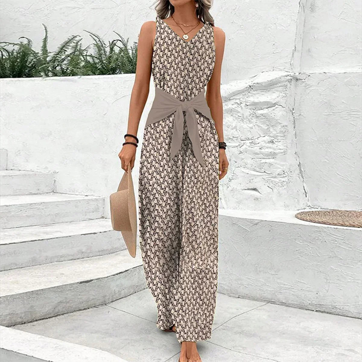 Ärmelloser Damen-Jumpsuit mit V-Ausschnitt, weitem Bein und Taillenband-Jumpsuits for women-Alpenkind