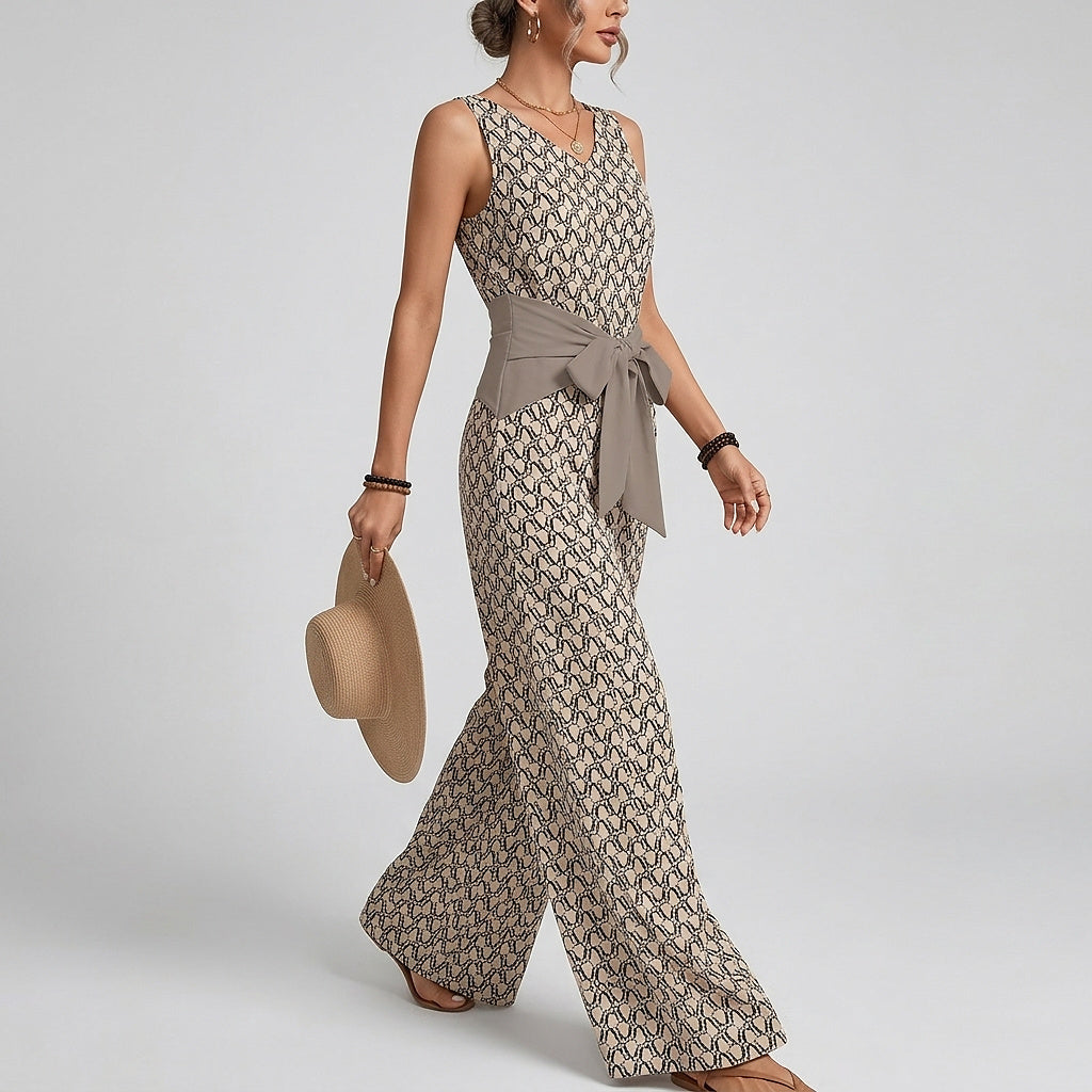 Ärmelloser Damen-Jumpsuit mit V-Ausschnitt, weitem Bein und Taillenband-Jumpsuits for women-Alpenkind