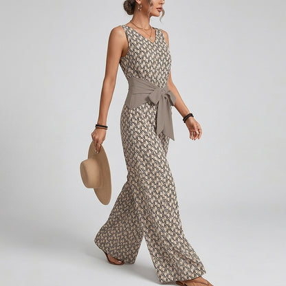 Ärmelloser Damen-Jumpsuit mit V-Ausschnitt, weitem Bein und Taillenband-Jumpsuits for women-Alpenkind