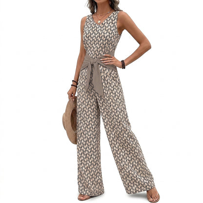 Ärmelloser Damen-Jumpsuit mit V-Ausschnitt, weitem Bein und Taillenband-Jumpsuits for women-Alpenkind