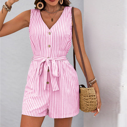 Ärmelloser, gestreifter Damen-Jumpsuit mit Knopfleiste-Jumpsuits for women-Alpenkind