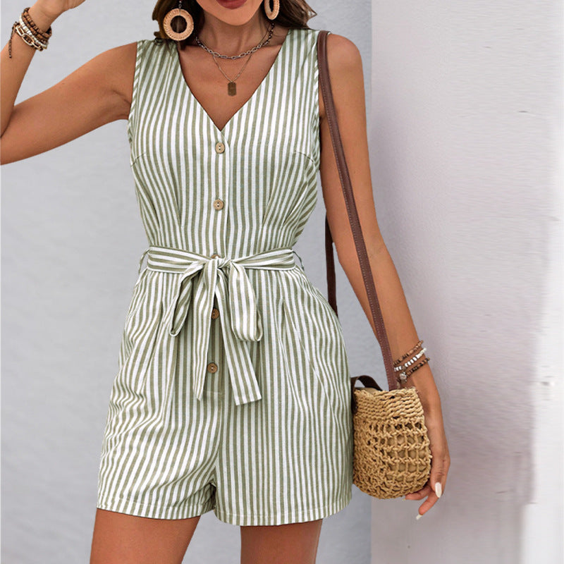 Ärmelloser, gestreifter Damen-Jumpsuit mit Knopfleiste-Jumpsuits for women-Alpenkind