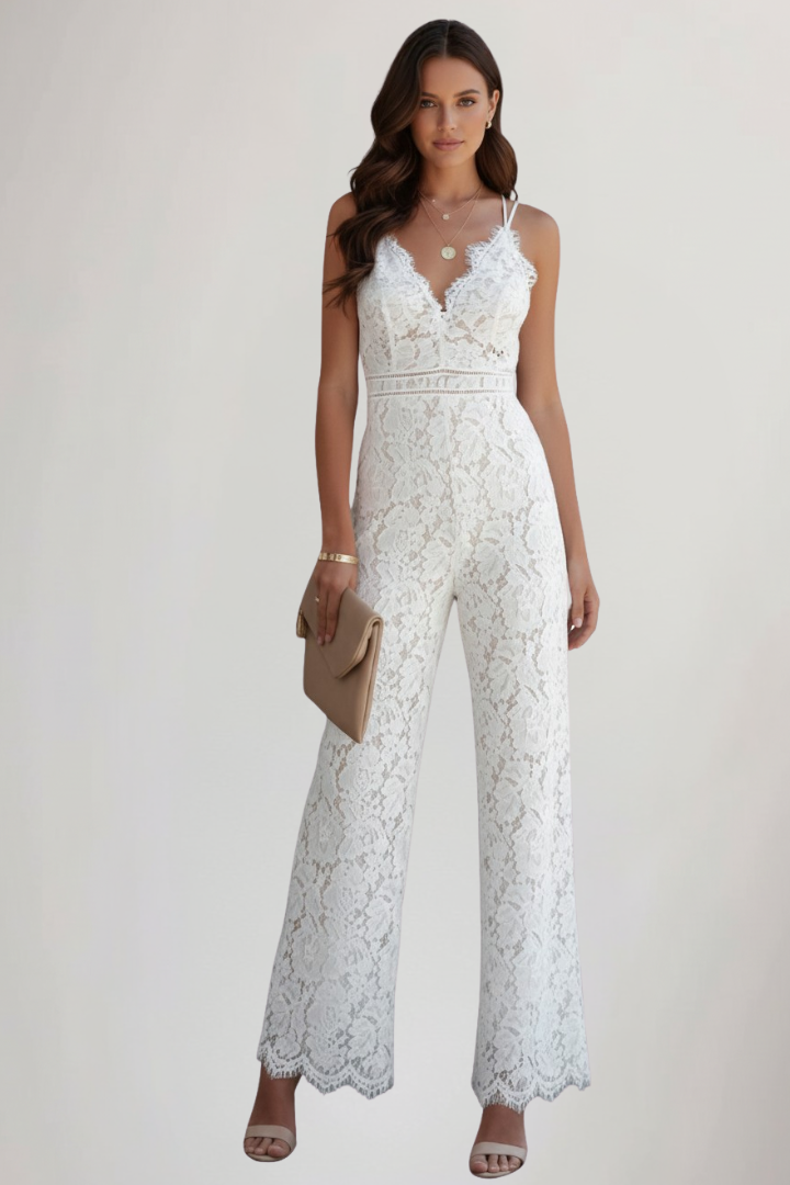 Ärmelloser Spitzen-Jumpsuit mit V-Ausschnitt und weitem Bein für Damen-Jumpsuits for women-Alpenkind