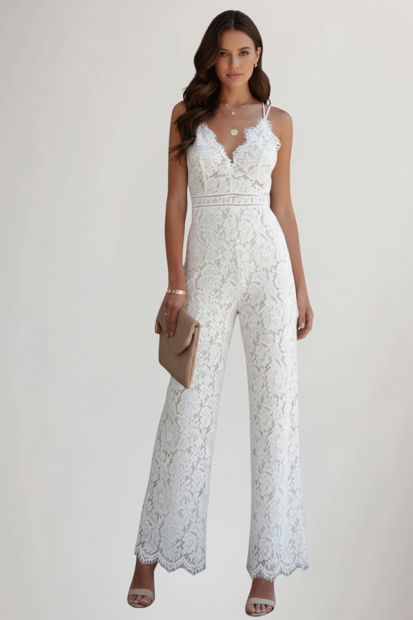 Ärmelloser Spitzen-Jumpsuit mit V-Ausschnitt und weitem Bein für Damen-Jumpsuits for women-Alpenkind