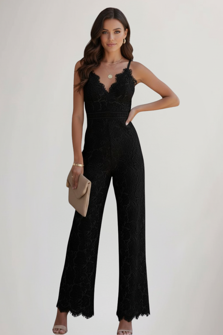 Ärmelloser Spitzen-Jumpsuit mit V-Ausschnitt und weitem Bein für Damen-Jumpsuits for women-Alpenkind