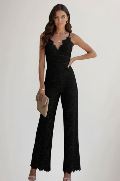 Ärmelloser Spitzen-Jumpsuit mit V-Ausschnitt und weitem Bein für Damen-Jumpsuits for women-Alpenkind