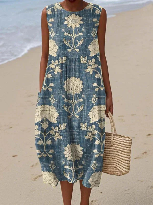 Ärmelloses Damen-Midi-Kleid mit floralem Patchwork-Muster-Midi Dress-Alpenkind