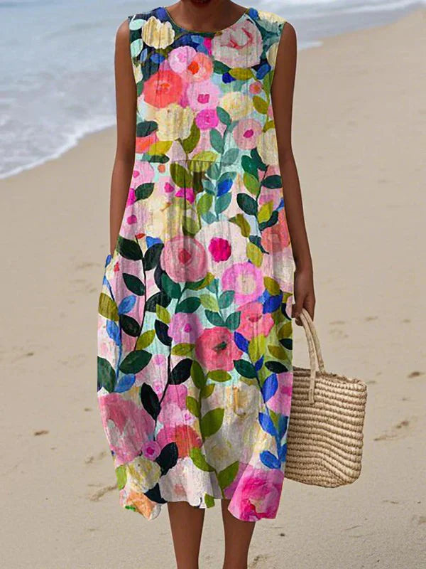 Ärmelloses Damen-Midi-Kleid mit floralem Patchwork-Muster-Midi Dress-Alpenkind