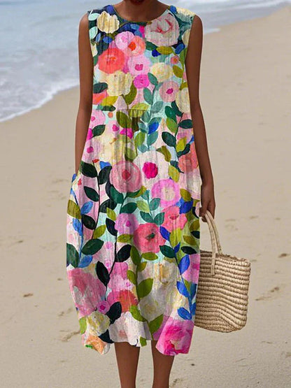 Ärmelloses Damen-Midi-Kleid mit floralem Patchwork-Muster-Midi Dress-Alpenkind