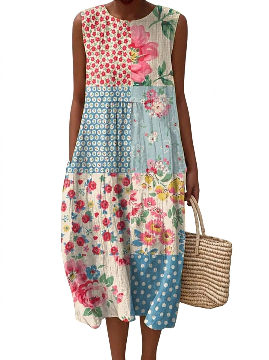 Ärmelloses Damen-Midi-Kleid mit floralem Patchwork-Muster-Midi Dress-Alpenkind