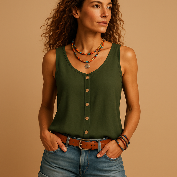 Ärmelloses Damen-Top mit V-Ausschnitt, Knopfleiste vorne und abgerundetem Saum-Tops for women-Alpenkind
