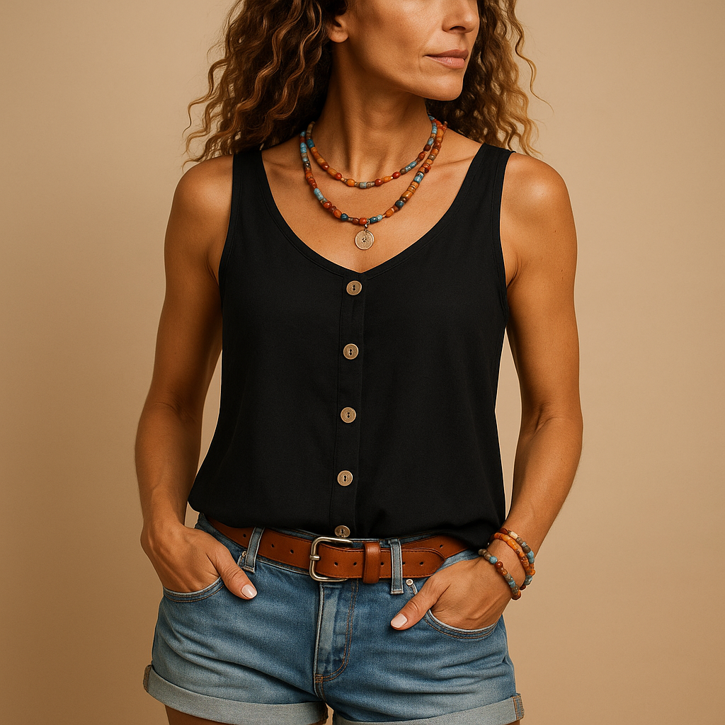 Ärmelloses Damen-Top mit V-Ausschnitt, Knopfleiste vorne und abgerundetem Saum-Tops for women-Alpenkind