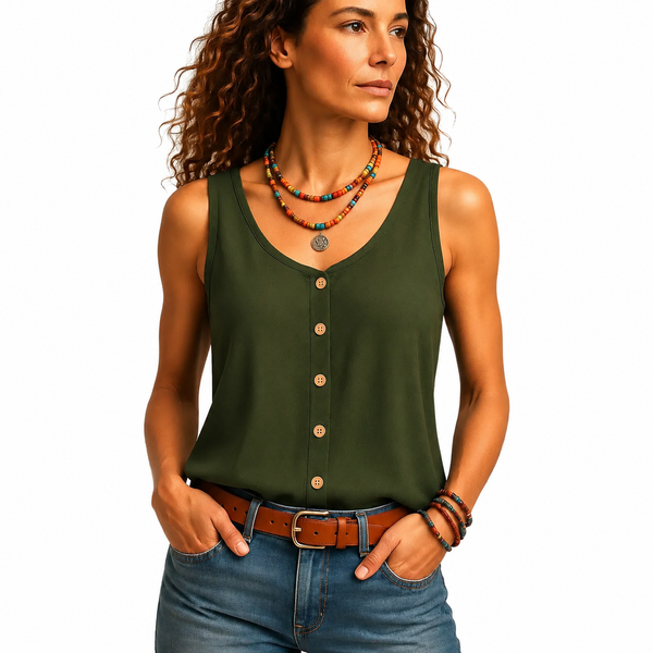 Ärmelloses Damen-Top mit V-Ausschnitt, Knopfleiste vorne und abgerundetem Saum-Tops for women-Alpenkind