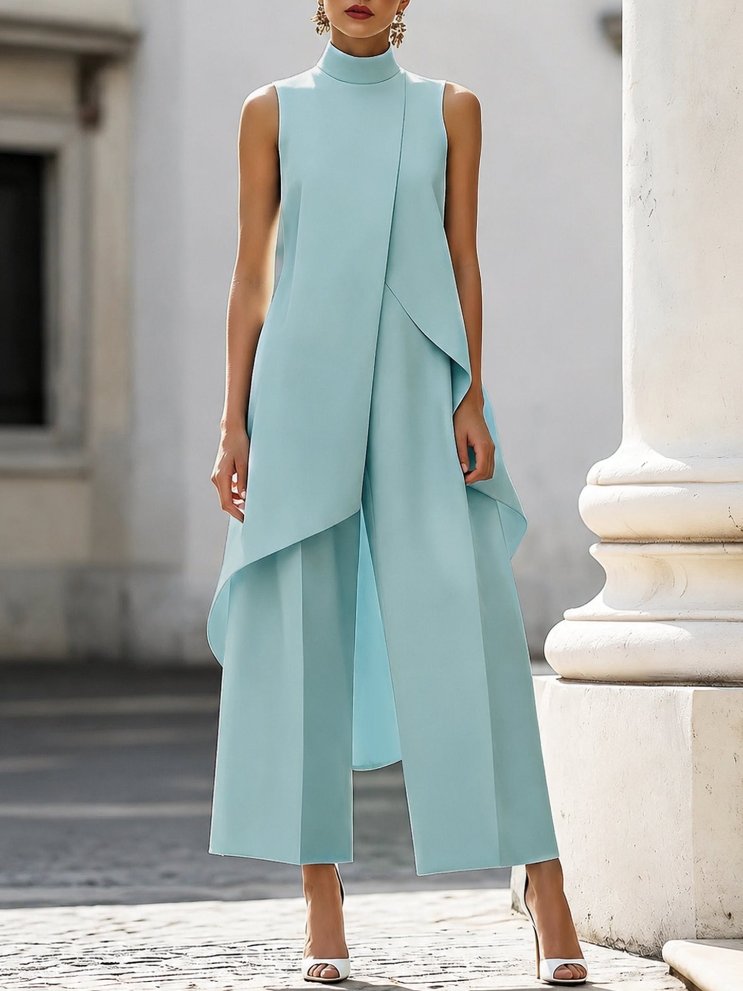 Ärmelloses Damen-Tunika-Set mit hohem Kragen und asymmetrischem Schnitt-Sets for women-Alpenkind
