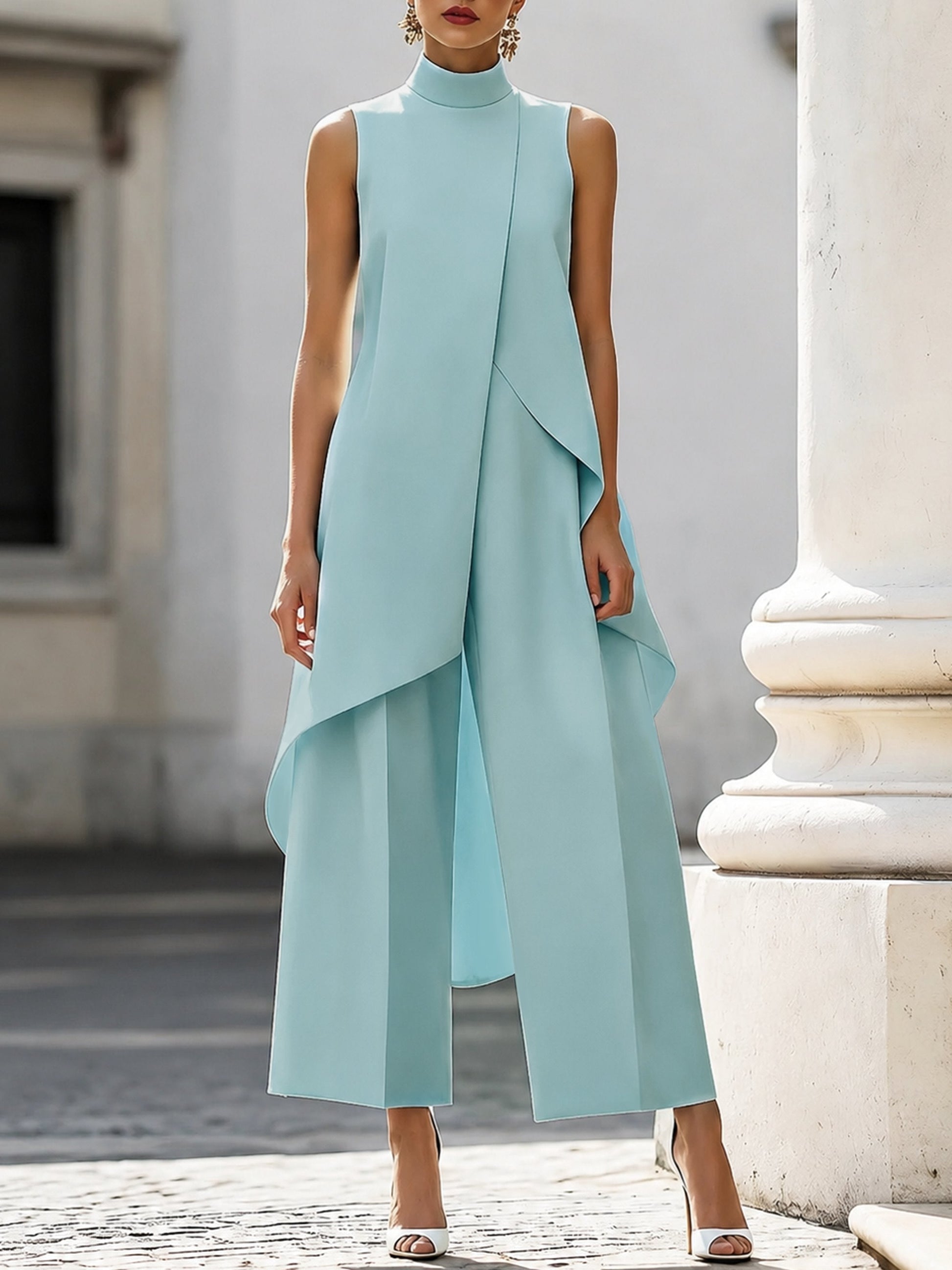 Ärmelloses Damen-Tunika-Set mit hohem Kragen und asymmetrischem Schnitt-Sets for women-Alpenkind