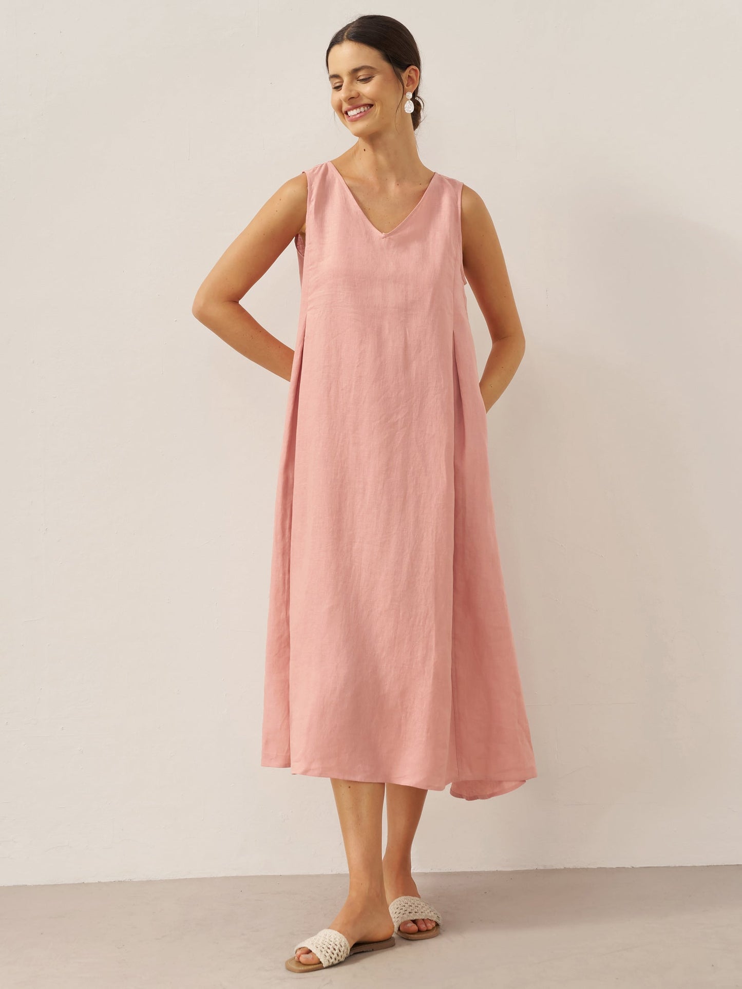 Ärmelloses Leinen-Midikleid mit V-Ausschnitt für Damen-Midi Dress-Alpenkind