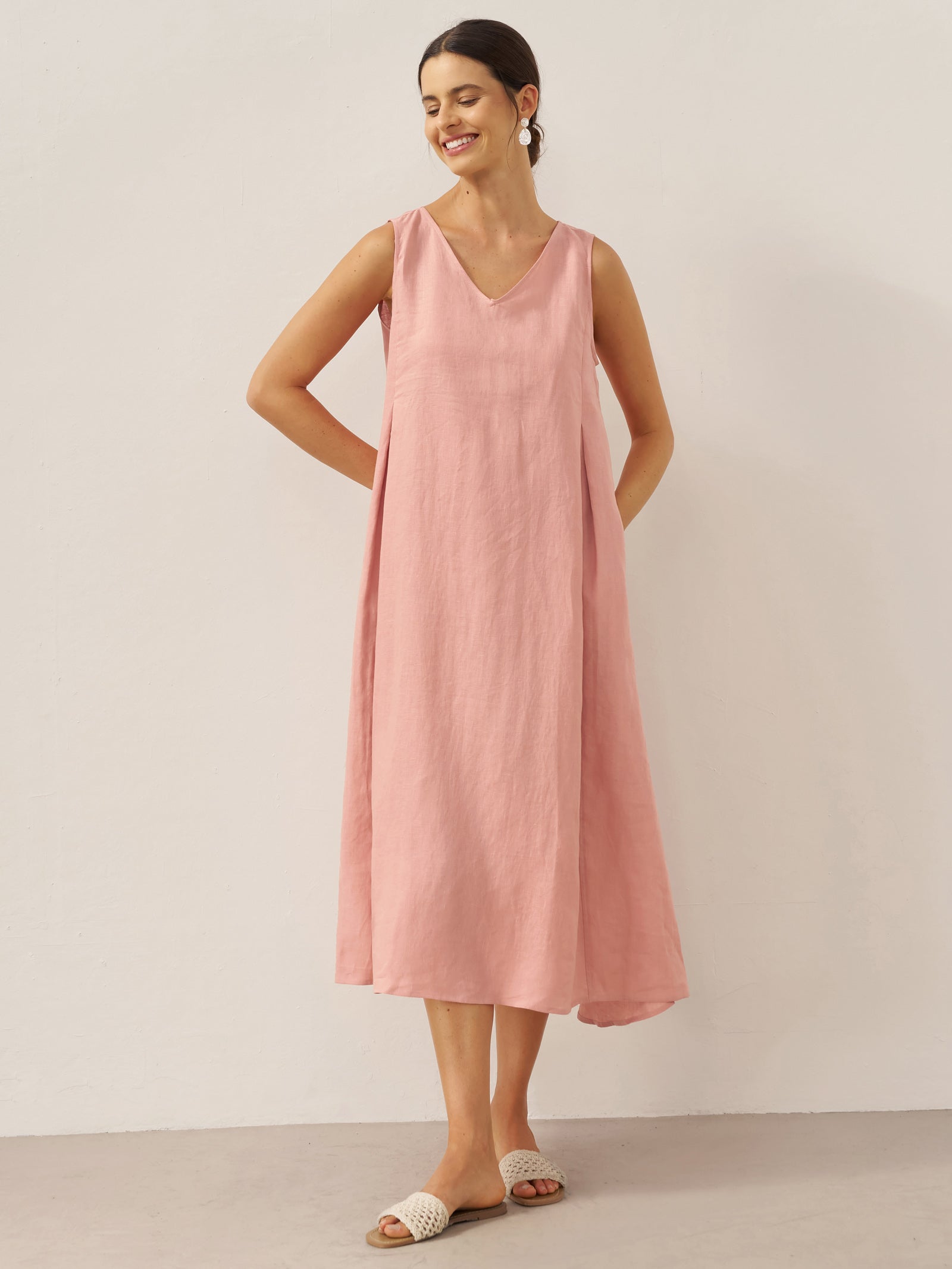 Ärmelloses Leinen-Midikleid mit V-Ausschnitt für Damen-Midi Dress-Alpenkind