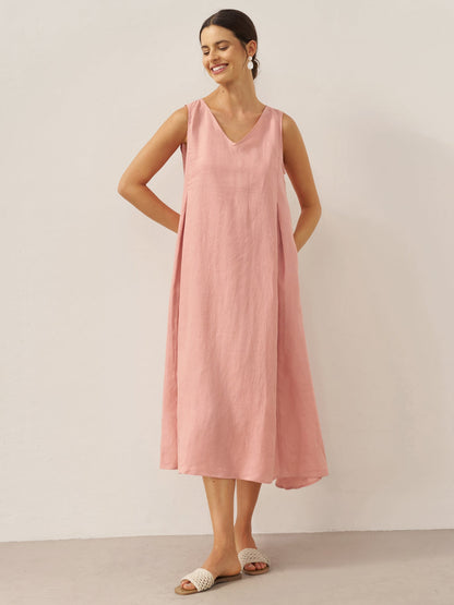 Ärmelloses Leinen-Midikleid mit V-Ausschnitt für Damen-Midi Dress-Alpenkind