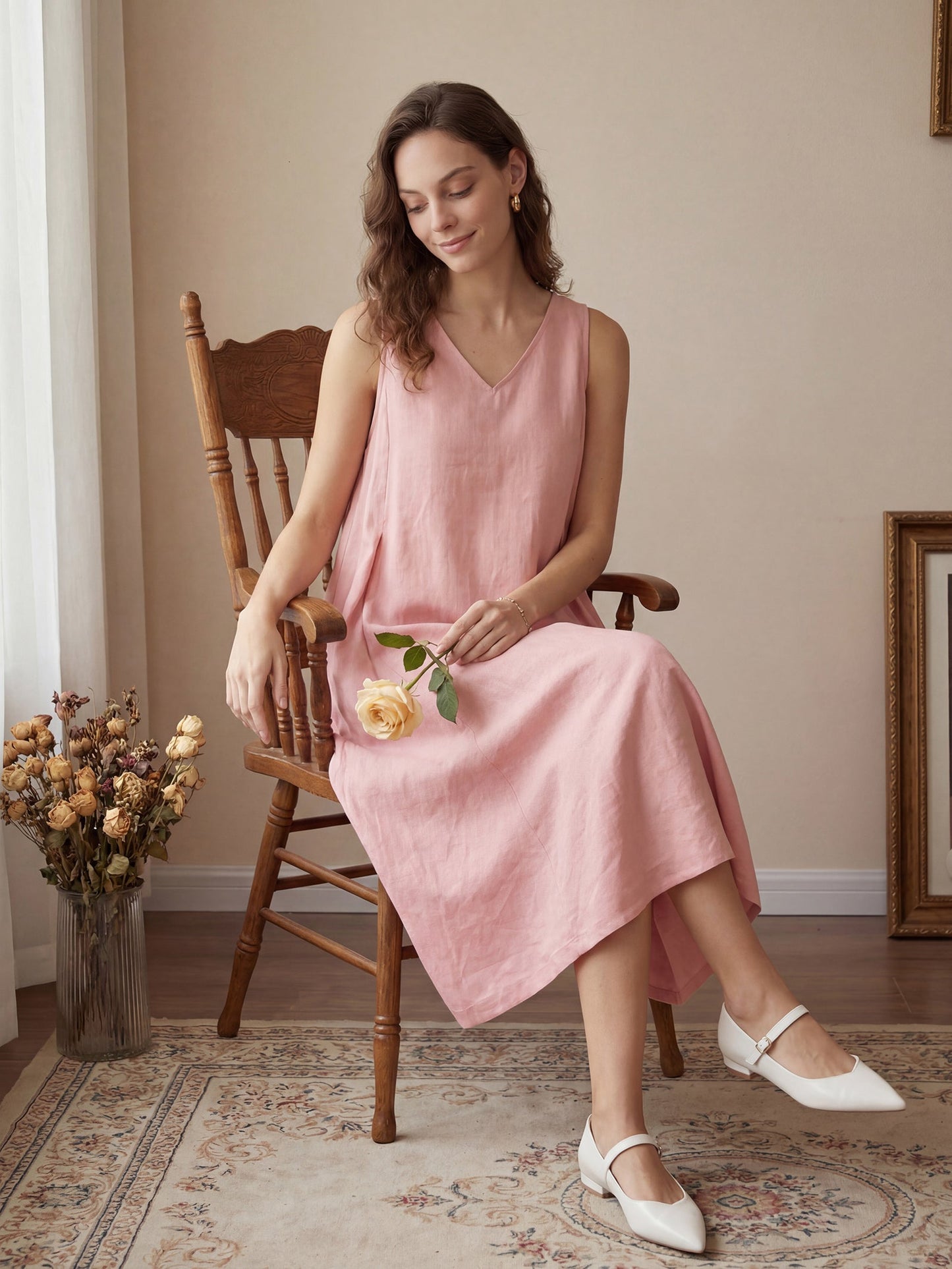 Ärmelloses Leinen-Midikleid mit V-Ausschnitt für Damen-Midi Dress-Alpenkind