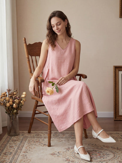 Ärmelloses Leinen-Midikleid mit V-Ausschnitt für Damen-Midi Dress-Alpenkind