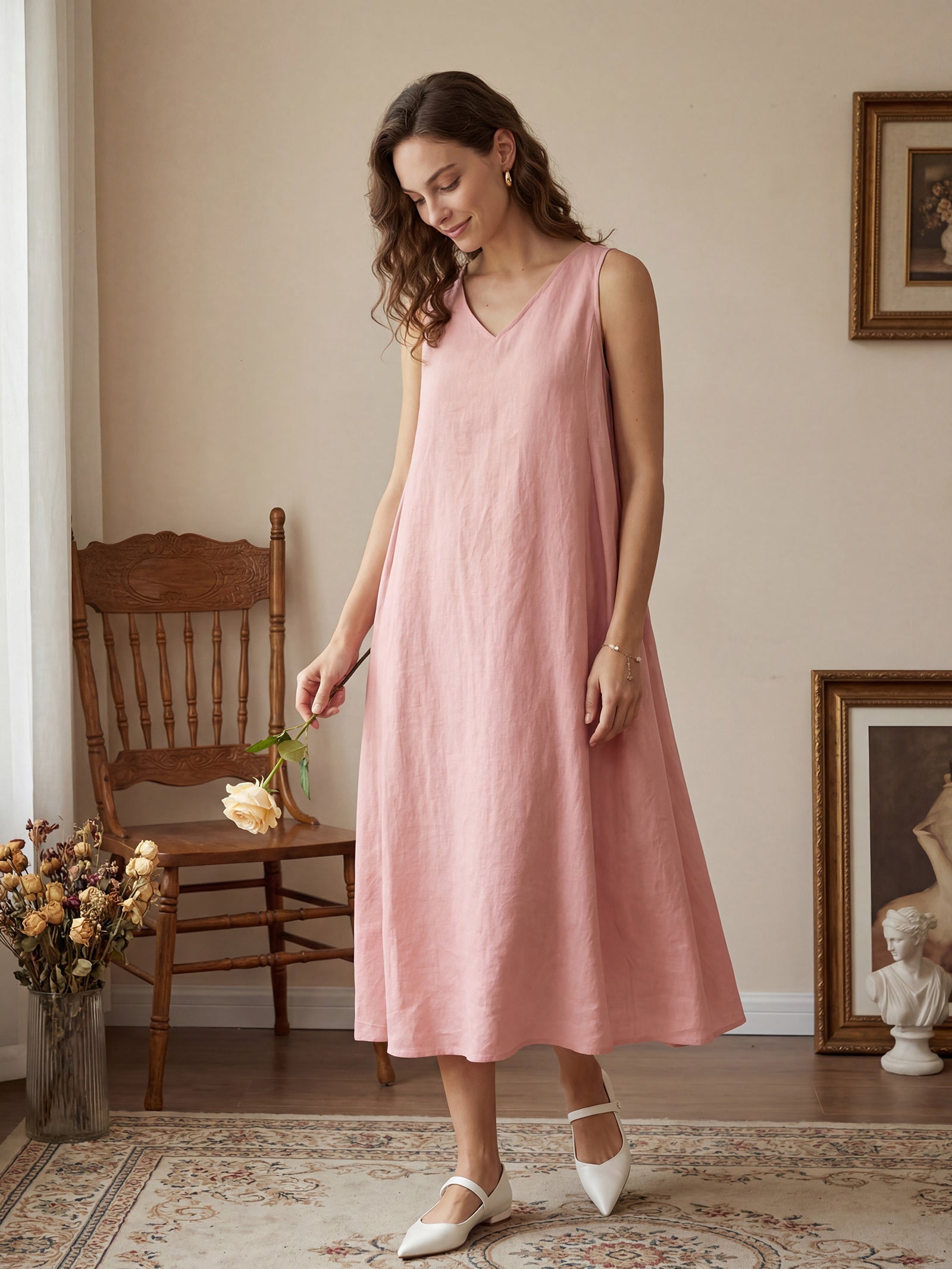 Ärmelloses Leinen-Midikleid mit V-Ausschnitt für Damen-Midi Dress-Alpenkind