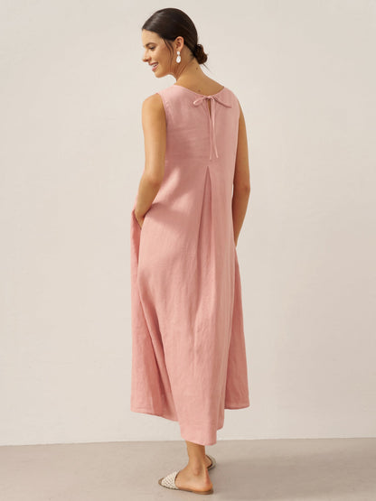 Ärmelloses Leinen-Midikleid mit V-Ausschnitt für Damen-Midi Dress-Alpenkind