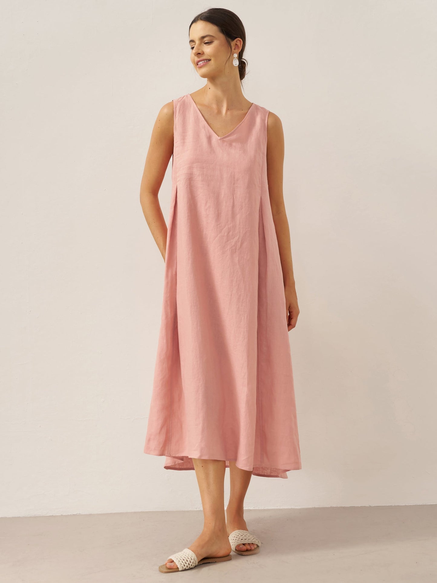 Ärmelloses Leinen-Midikleid mit V-Ausschnitt für Damen-Midi Dress-Alpenkind