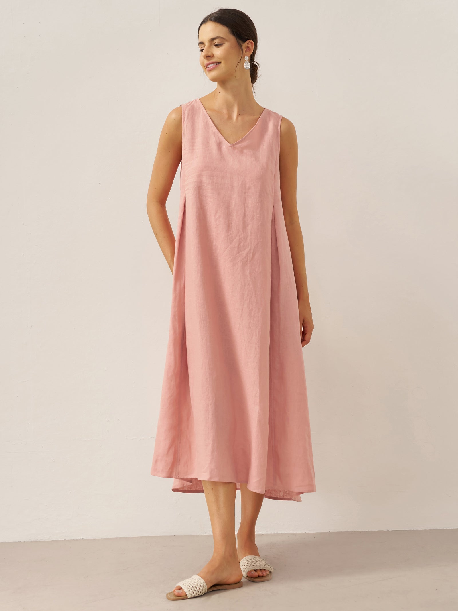 Ärmelloses Leinen-Midikleid mit V-Ausschnitt für Damen-Midi Dress-Alpenkind