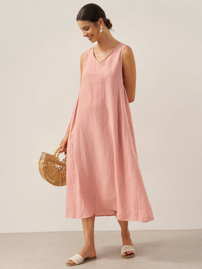 Ärmelloses Leinen-Midikleid mit V-Ausschnitt für Damen-Midi Dress-Alpenkind