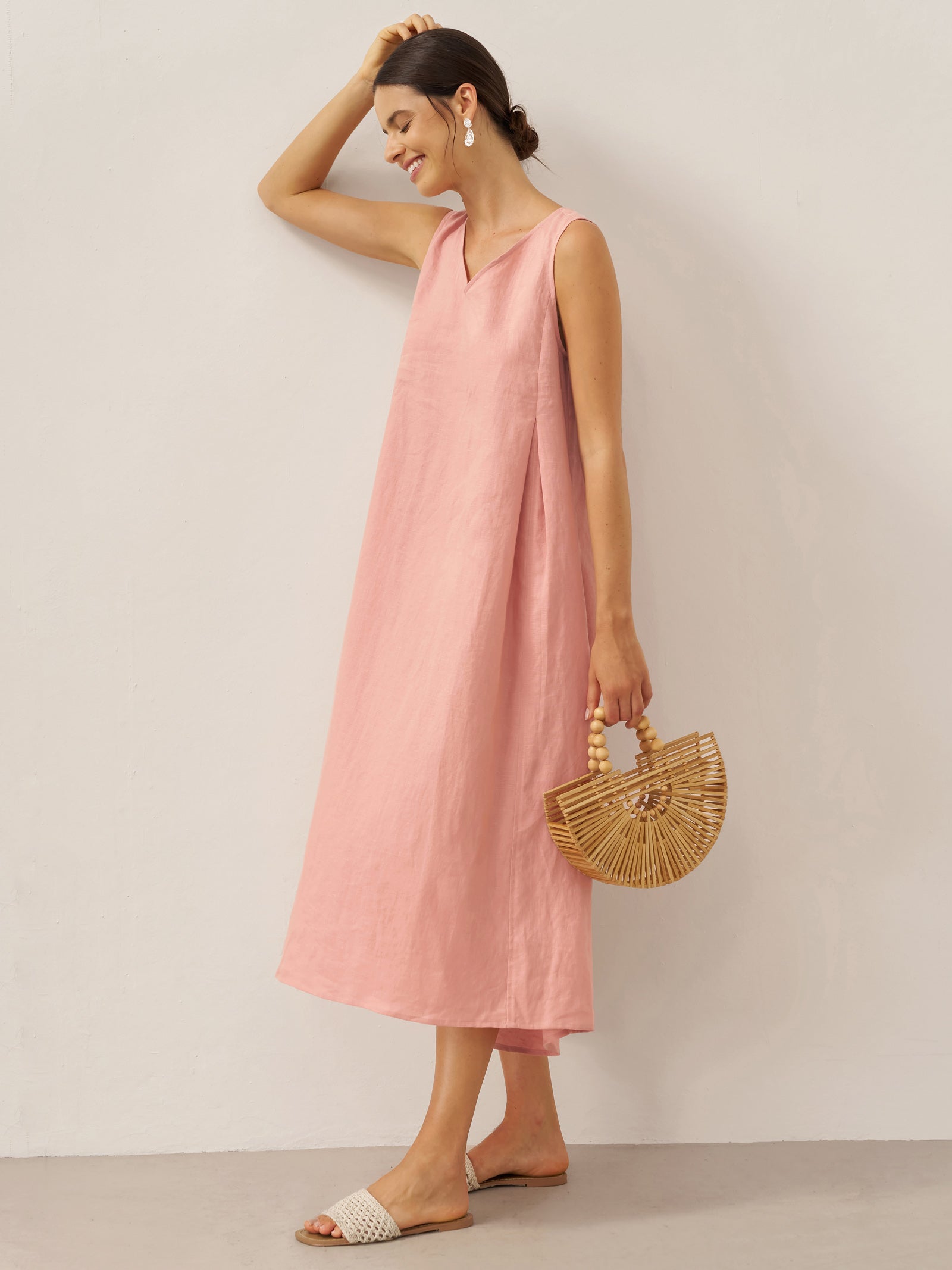 Ärmelloses Leinen-Midikleid mit V-Ausschnitt für Damen-Midi Dress-Alpenkind