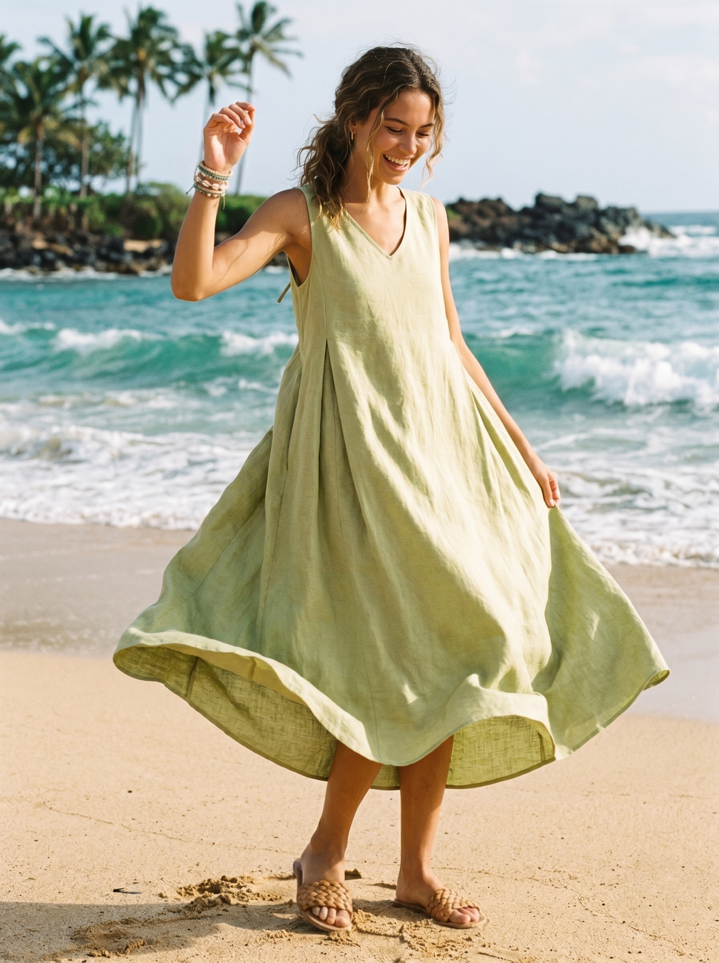Ärmelloses Leinen-Midikleid mit V-Ausschnitt für Damen-Midi Dress-Alpenkind