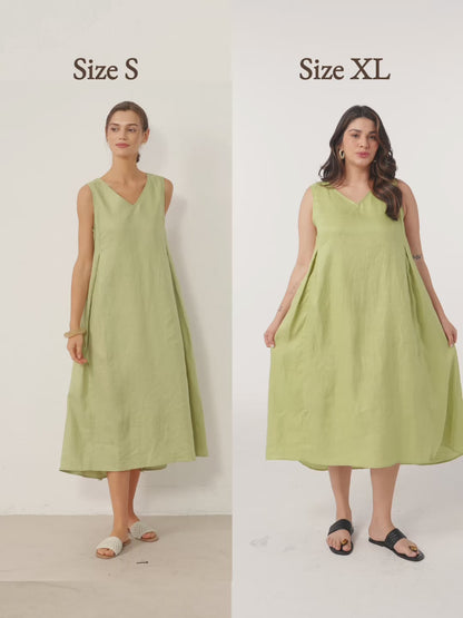 Ärmelloses Leinen-Midikleid mit V-Ausschnitt für Damen-Midi Dress-Alpenkind