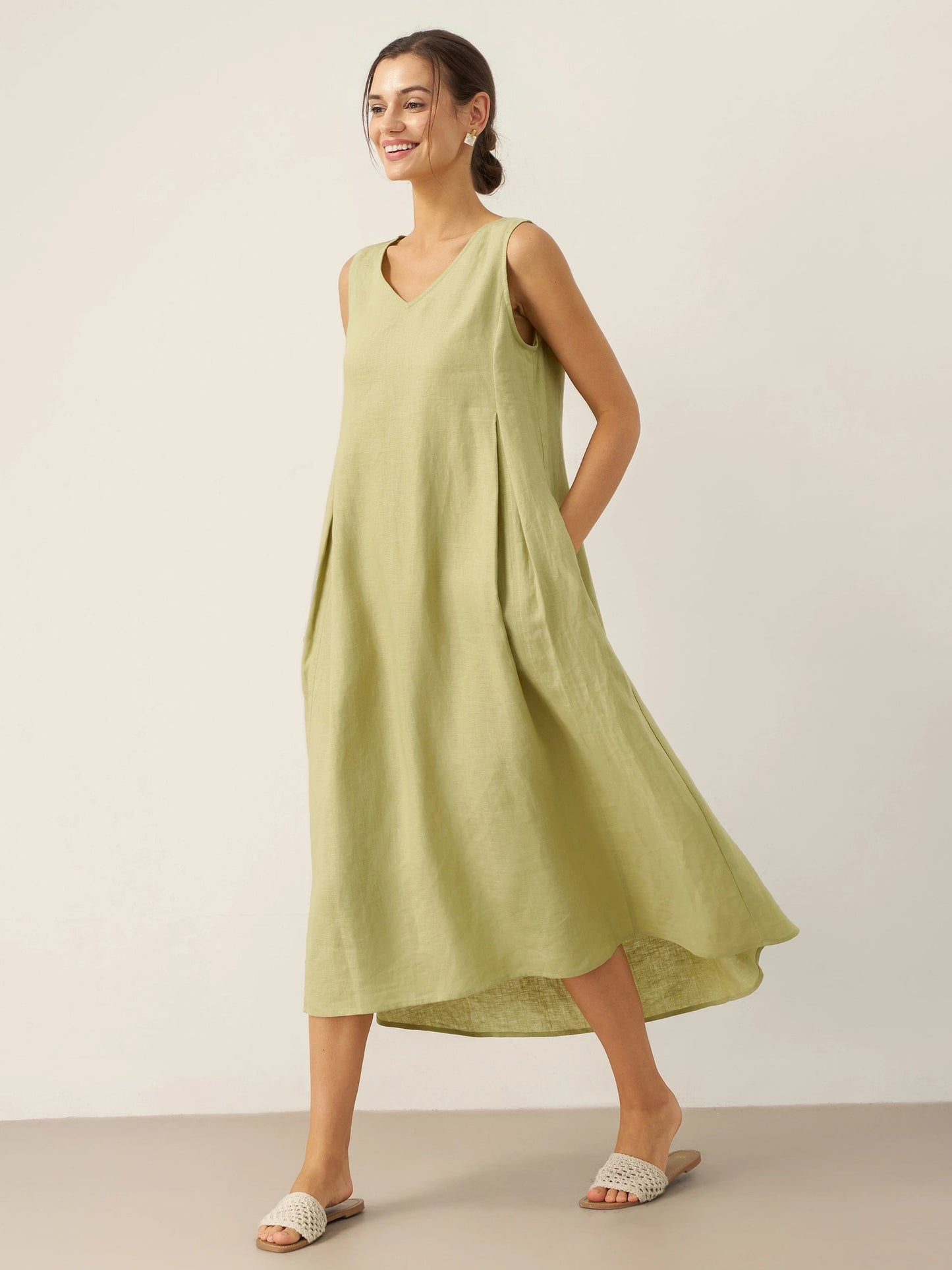 Ärmelloses Leinen-Midikleid mit V-Ausschnitt für Damen-Midi Dress-Alpenkind