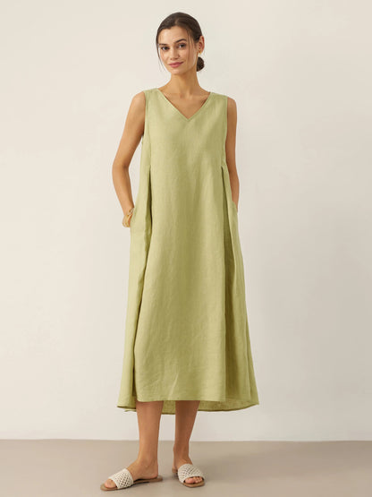 Ärmelloses Leinen-Midikleid mit V-Ausschnitt für Damen-Midi Dress-Alpenkind