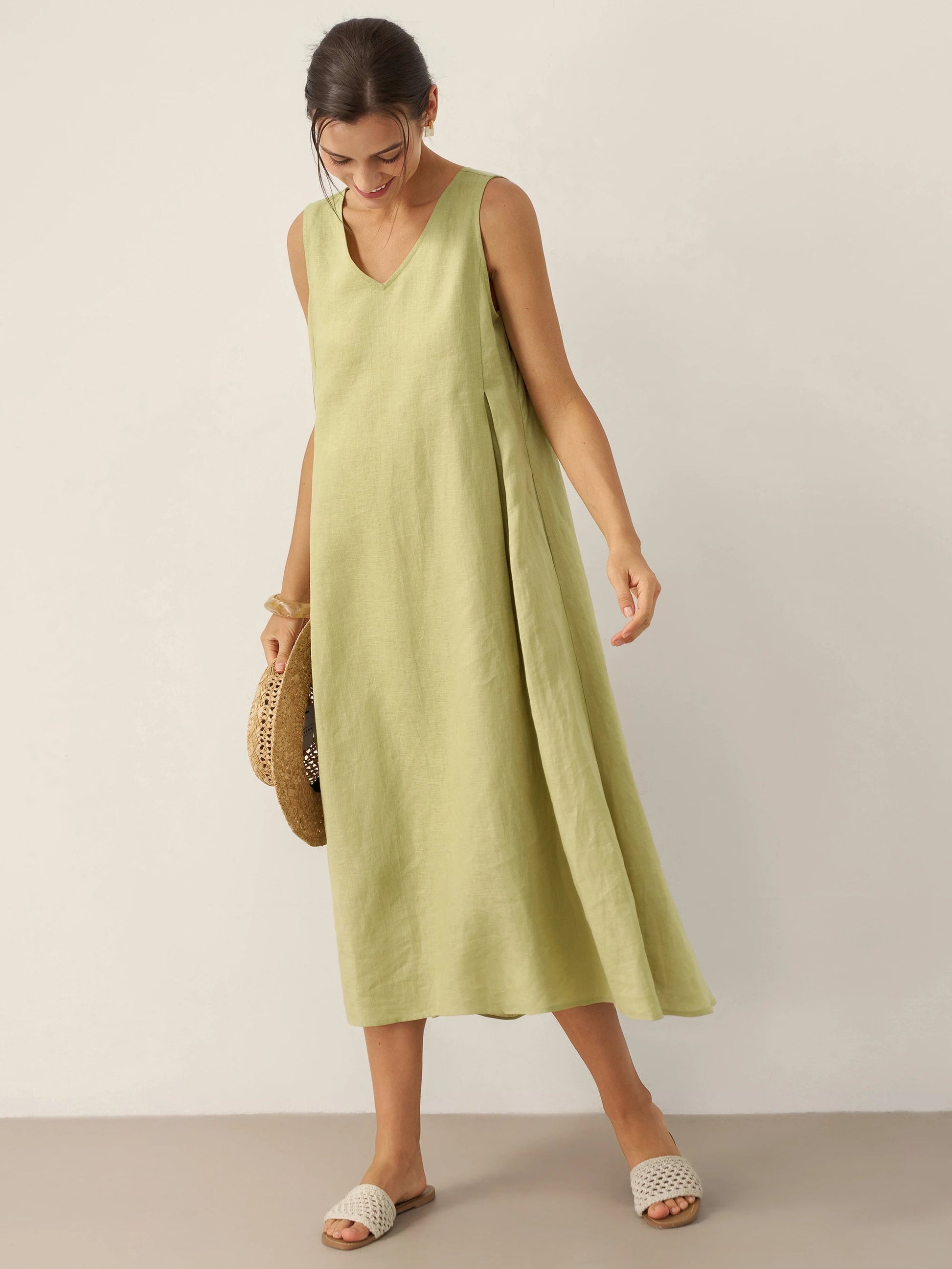 Ärmelloses Leinen-Midikleid mit V-Ausschnitt für Damen-Midi Dress-Alpenkind