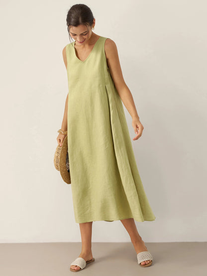 Ärmelloses Leinen-Midikleid mit V-Ausschnitt für Damen-Midi Dress-Alpenkind