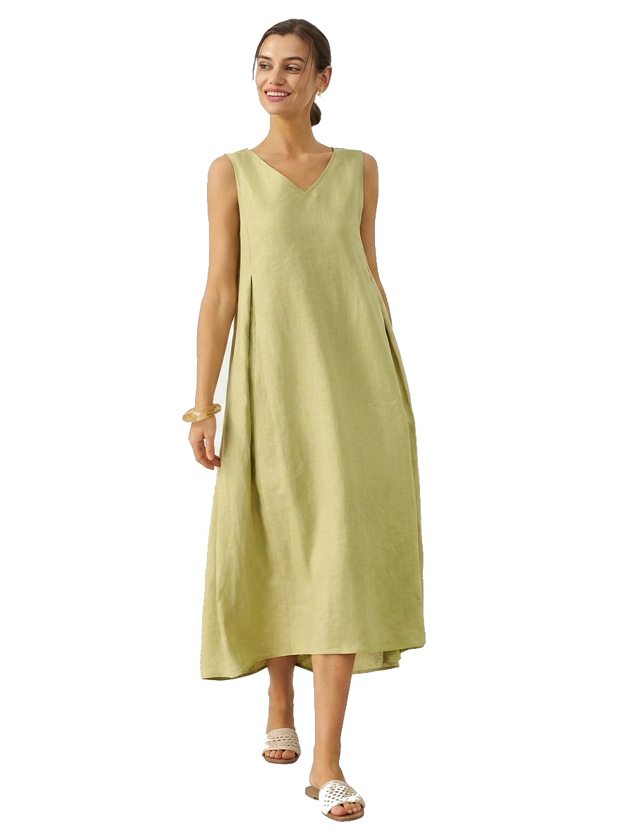 Ärmelloses Leinen-Midikleid mit V-Ausschnitt für Damen-Midi Dress-Alpenkind