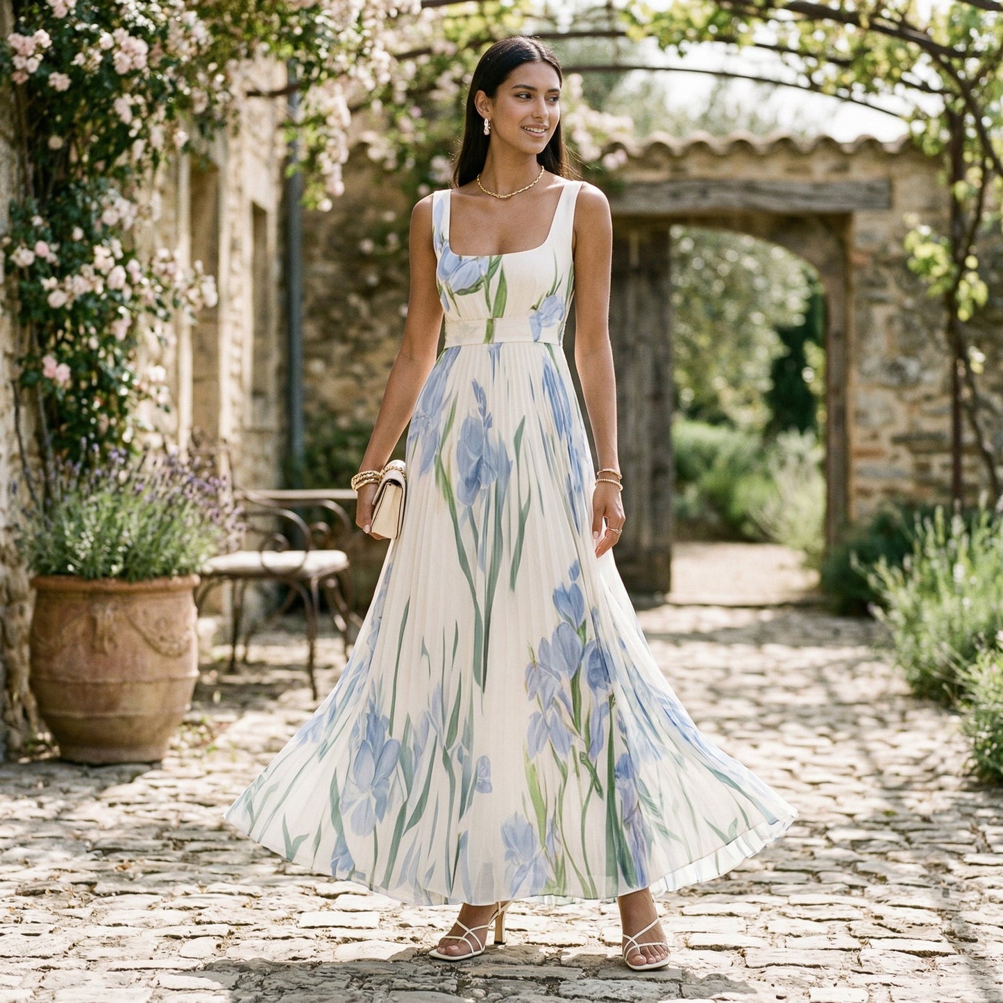 Ärmelloses Maxikleid mit Blumenmuster und Faltenwurf für Damen-Maxi Dress-Alpenkind
