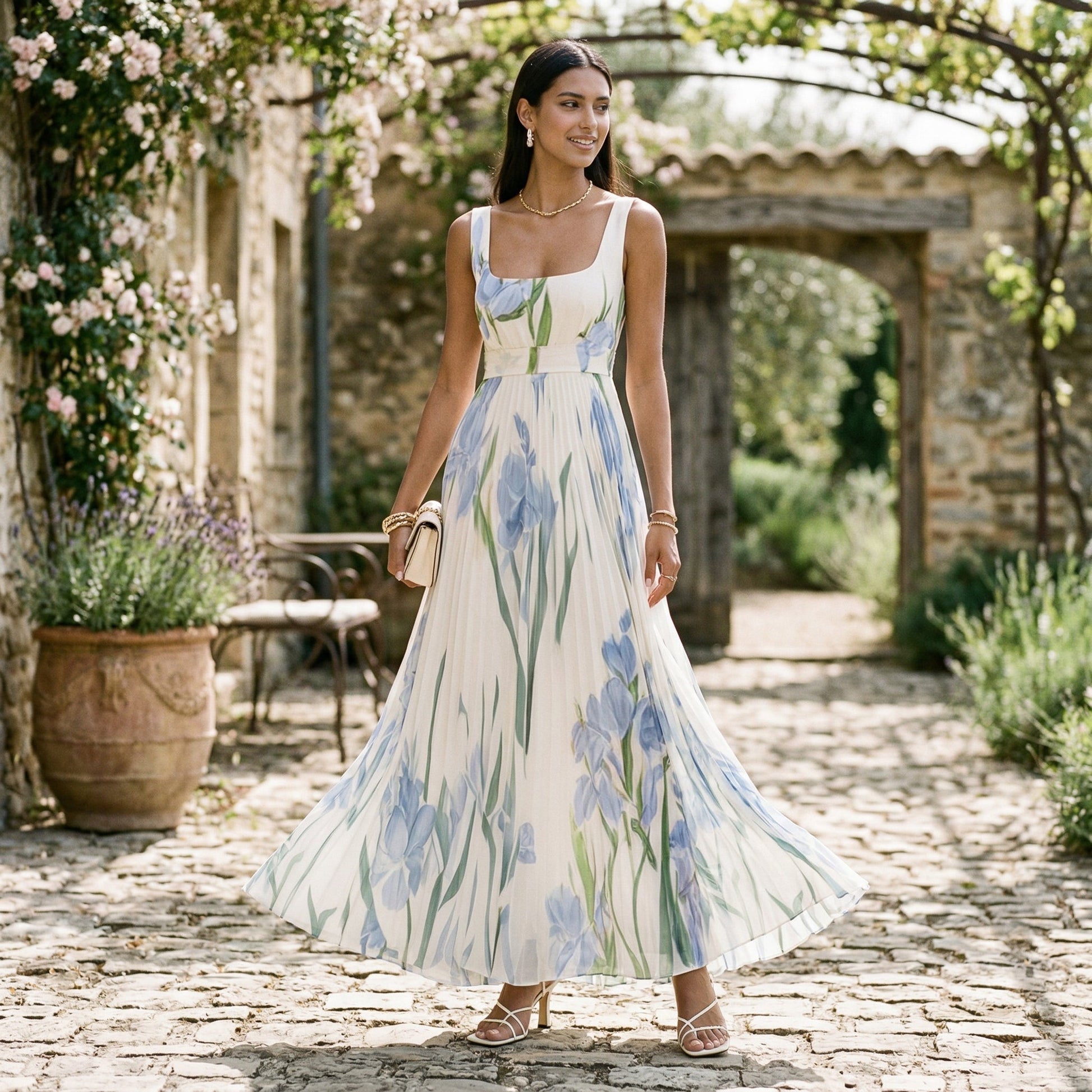 Ärmelloses Maxikleid mit Blumenmuster und Faltenwurf für Damen-Maxi Dress-Alpenkind