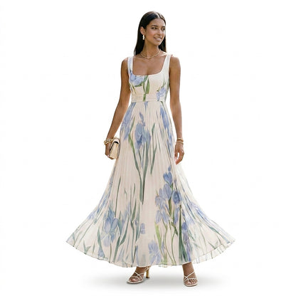 Ärmelloses Maxikleid mit Blumenmuster und Faltenwurf für Damen-Maxi Dress-Alpenkind