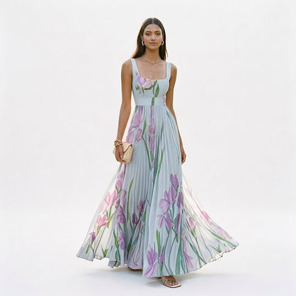 Ärmelloses Maxikleid mit Blumenmuster und Faltenwurf für Damen-Maxi Dress-Alpenkind