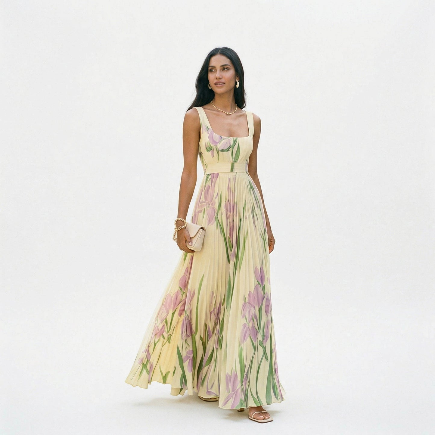Ärmelloses Maxikleid mit Blumenmuster und Faltenwurf für Damen-Maxi Dress-Alpenkind
