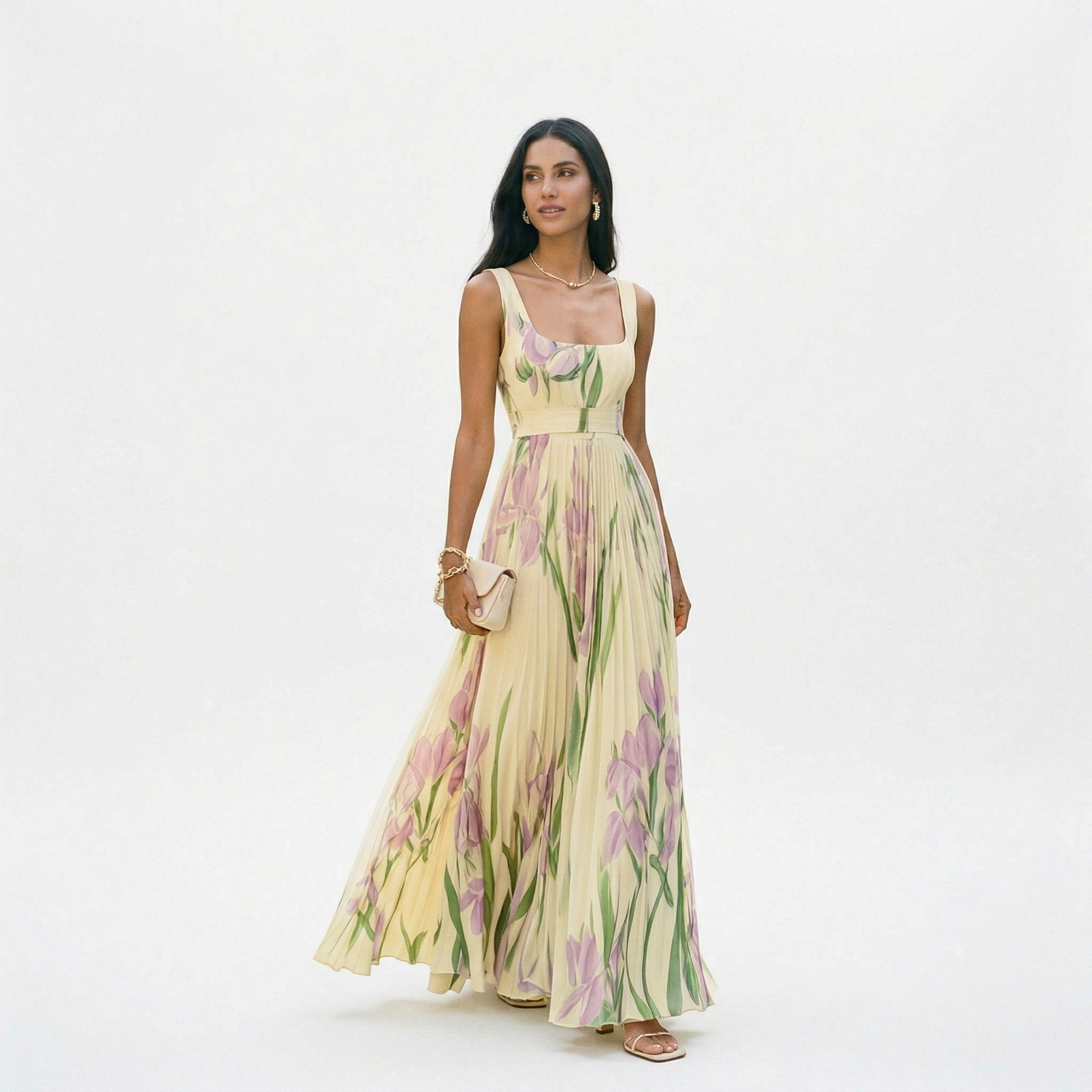 Ärmelloses Maxikleid mit Blumenmuster und Faltenwurf für Damen-Maxi Dress-Alpenkind