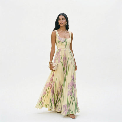 Ärmelloses Maxikleid mit Blumenmuster und Faltenwurf für Damen-Maxi Dress-Alpenkind