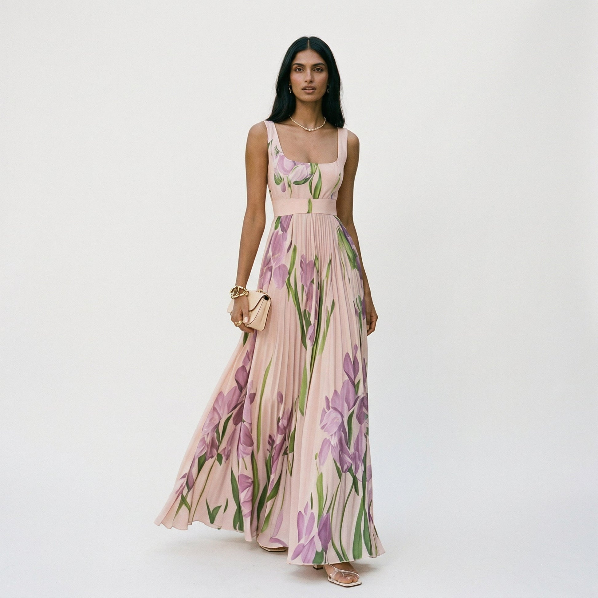 Ärmelloses Maxikleid mit Blumenmuster und Faltenwurf für Damen-Maxi Dress-Alpenkind